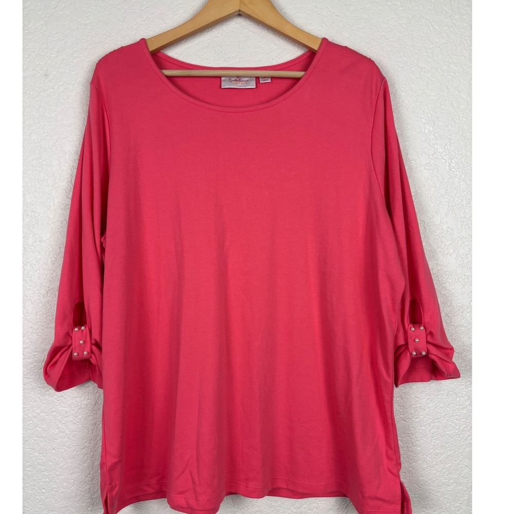 Quacker Factory 3/4 Sleeve Knit Top Women XL Extra Large Pink Pearl Cuff Comfort